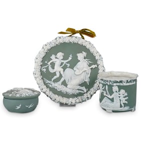 (3 Pc) Vintage Green Jasperware Articles