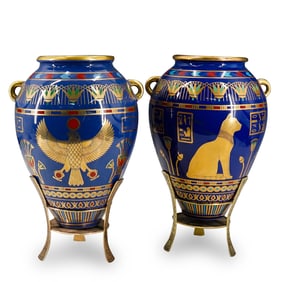 Pair Of Franklin Mint Porcelain Egyptian Style Vases On Gilt Stands