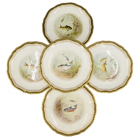 (5 Pc) Antique Copeland Hand Painted Porcelain Fish Plates