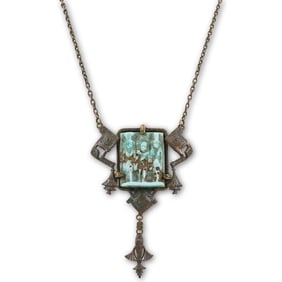 Art Nouveau Bronze & Egyptian Faience Pendant Necklace