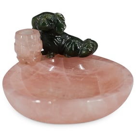 Antique Rose Quartz And Jade Candle Holder