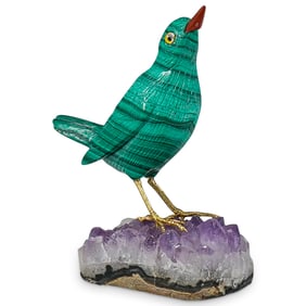 Malachite Bird Sculpture On Amethyst Geode