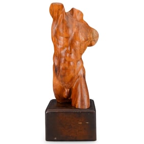 Nude Male Torso Carved Wooden Sculpture