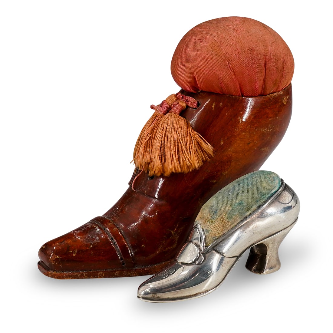 (2 Pc) Antique Sterling Silver & Wood Pin Cushion Shoes (1 of 10)