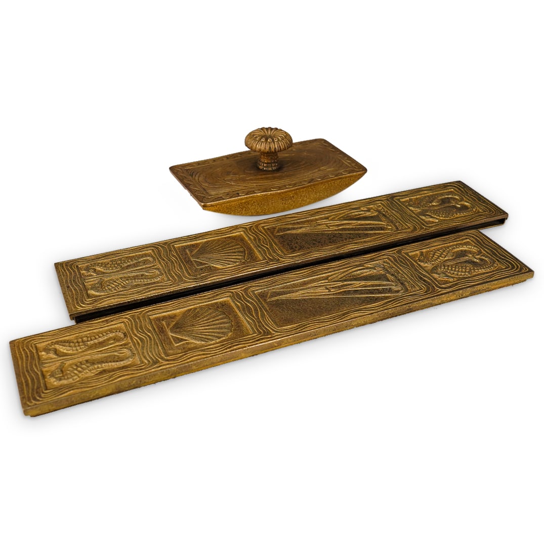 (3 Pc) Tiffany Studios Gilt Bronze "Nautical" Blotter Ends & Rocker Blotter (1 of 12)