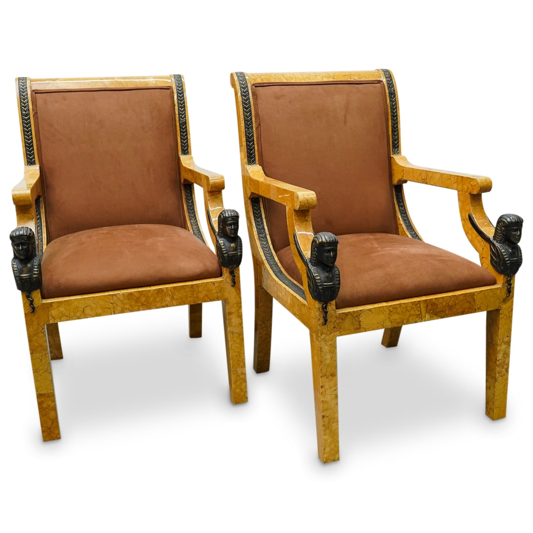 (2 Pc) 1970’s Colombian Enrique Garcel Veneer Lounge Chairs: DESCRIPTION: (2 Pc) A pair of 1970 Colombian veneer lounge chairs by Enrique Garcel. Designed with a lacquered veneer wooden frame, accented with Egyptian Revival bronze applique motifs and velveteen