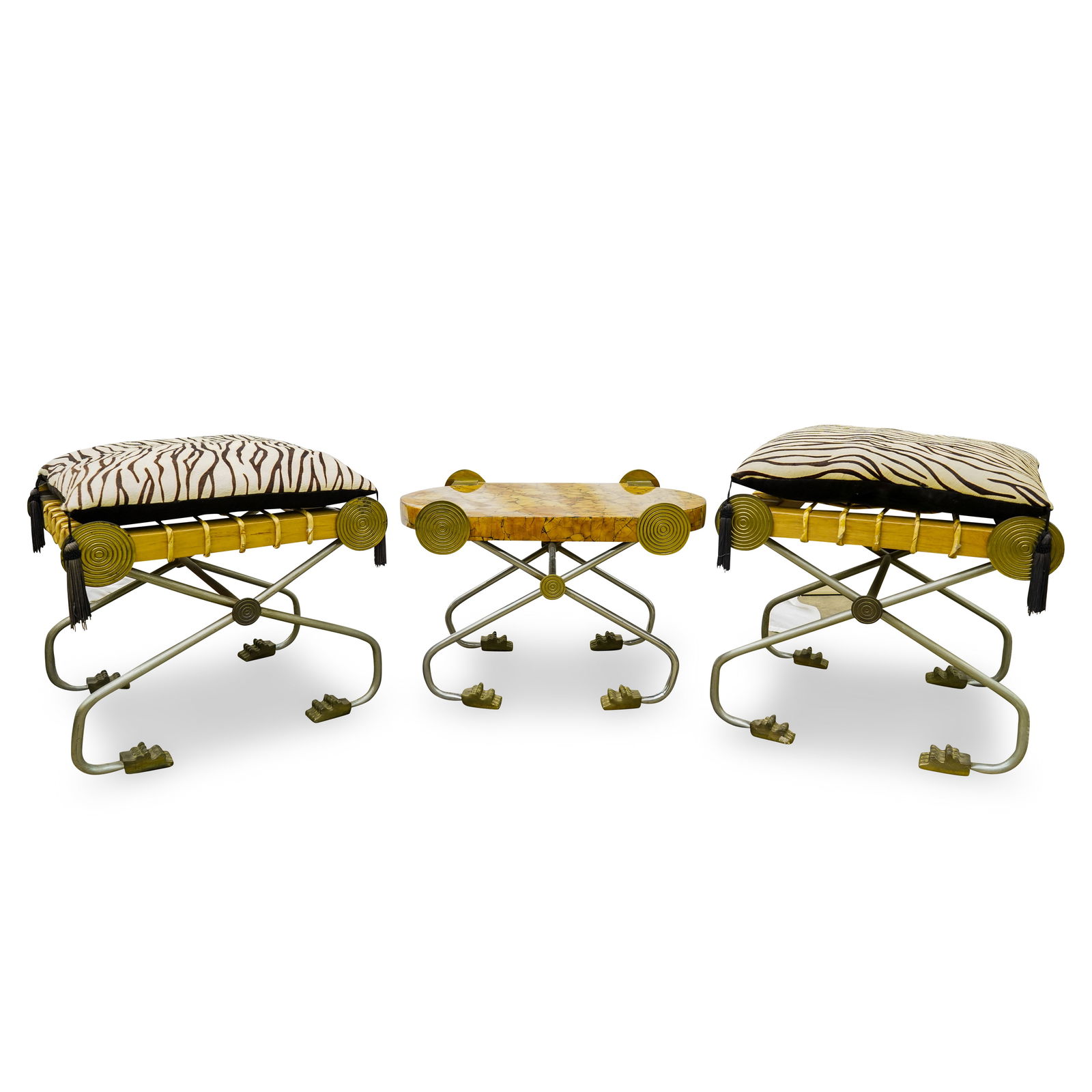 (3 Pc) 1970’s Colombian Enrique Garcel Veneer Stools & Table Set: DESCRIPTION: (3 Pc) 1970’s Colombian veneer X-stools and coffee table grouping, by Enrique Garcel. Designed with a lacquered veneer wooden frame, accented with bronze applique motifs. This set inclu