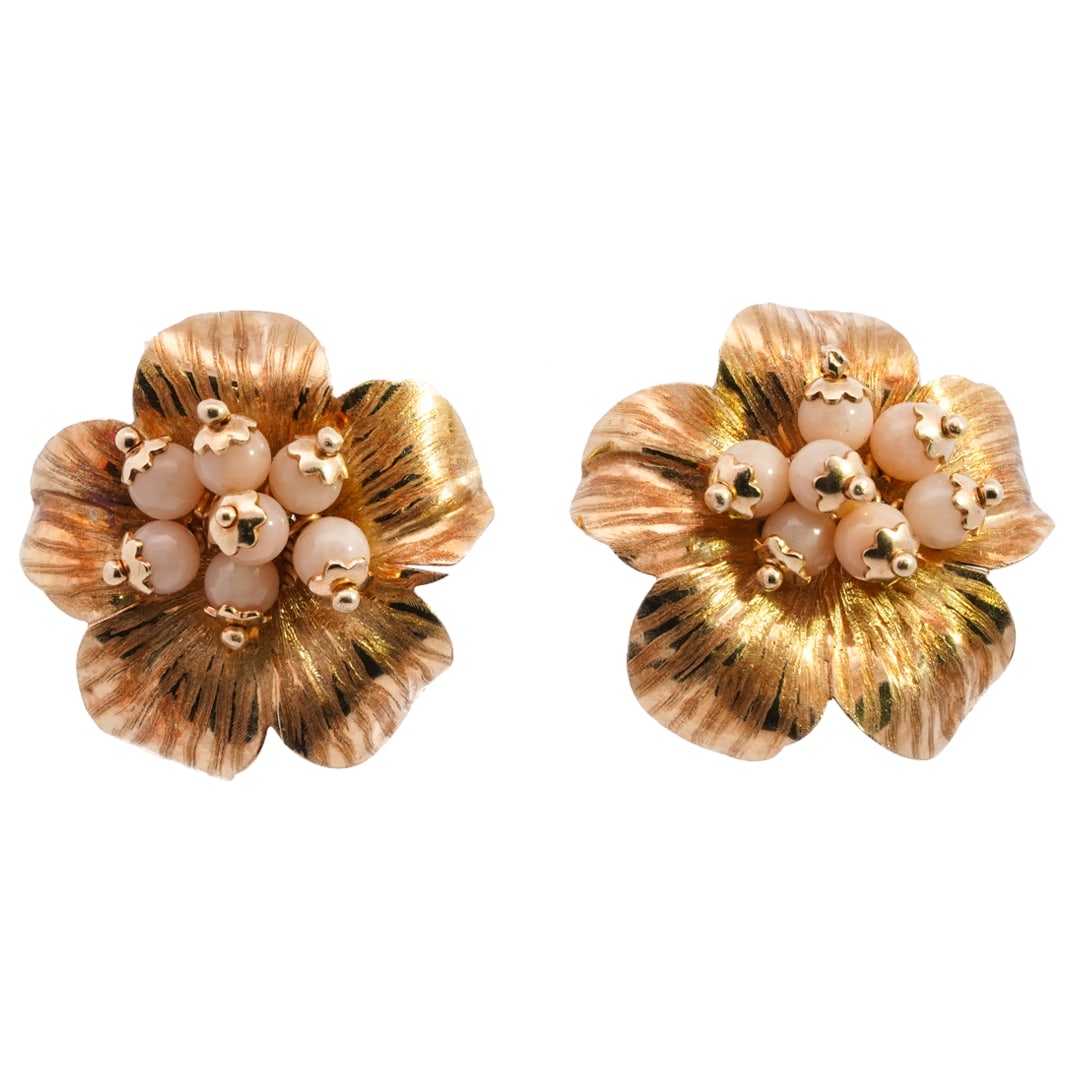 Italian 18k Gold and Beaded Coral Floral Earrings (1 of 5)