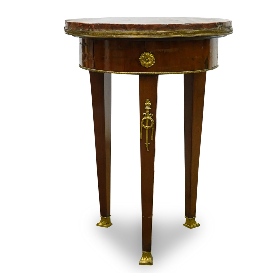 French Empire Style Bouillotte Table: DESCRIPTION: French Empire style bouillotte table, featuring gilt bronze embellishments and trim, and feet and rouge marble top. CIRCA: 19th Century ORIGIN: France DIMENSIONS: H: 24" D: 16.75" CONDITI