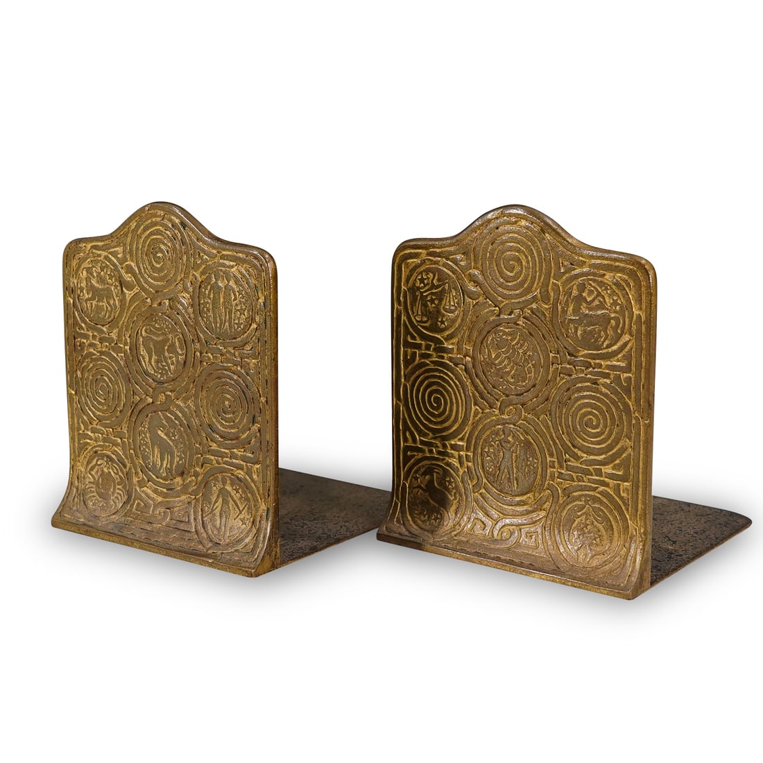 Pair Tiffany Studios Gilt Bronze "Zodiac" Bookends (1 of 5)