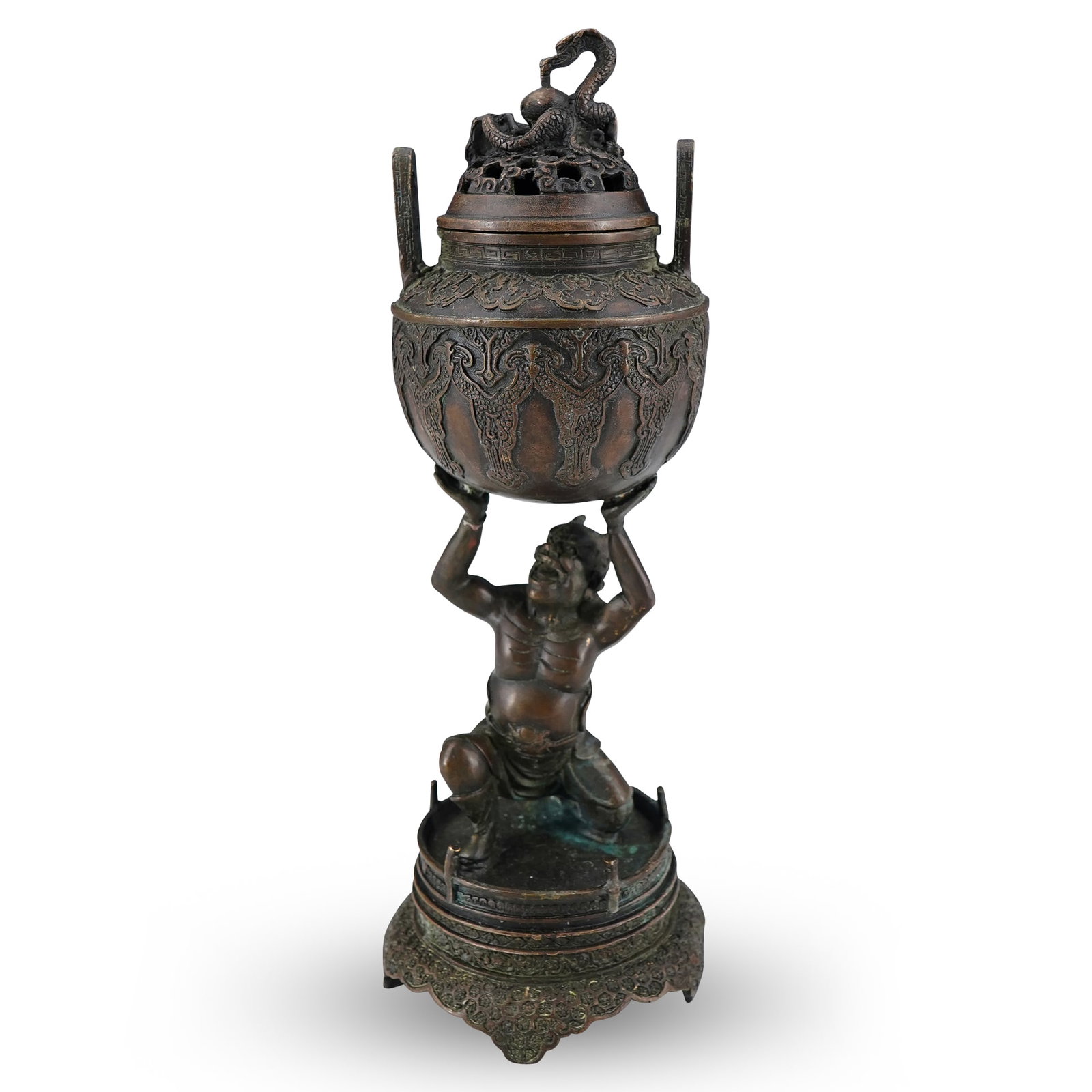 Antique Japanese Bronze Buddhist Oni Censer: DESCRIPTION: Antique bronze Buddhist censer crafted as an oni ("demon/ogre") kneeling on a platform and holding the censer proper. Lid of censer is crafted as a recumbent dragon resting on clouds. CIR