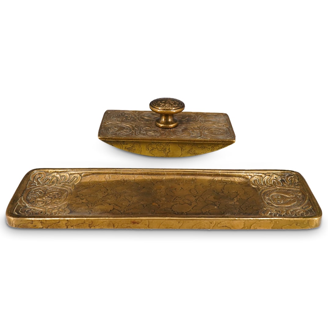 (2 Pc) Tiffany Studios Gilt Bronze "Zodiac" Pen Tray & Rocker Blotter (1 of 8)