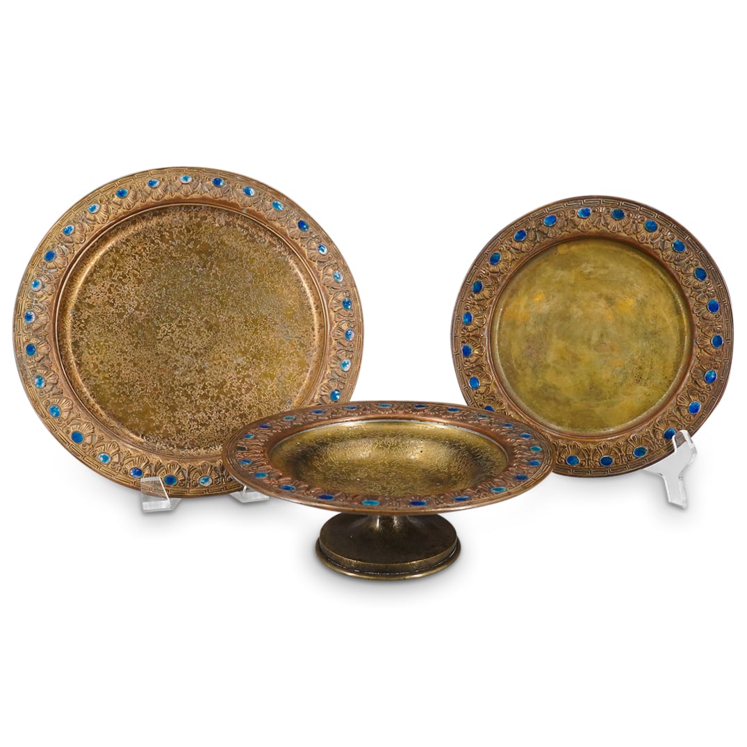 (3 Pc) Louis C. Tiffany Furnaces Bronze & Enamel Plate, Tray & Tazza (1 of 13)