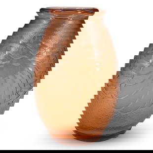 Charder Le Verre Francais Glass Vase: DESCRIPTION: Charder Le Verre Francais coral glass vase, featuring bubbled glass throughout with clear glass floral designs. Signed at base "Charder Le Verre Francais" Stamped underside "FRANCE" CIRCA