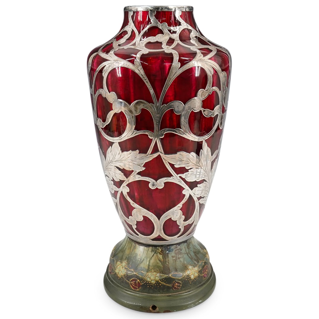 Cranberry Art Glass Vase with Sterling Silver Overlay (1 of 8)