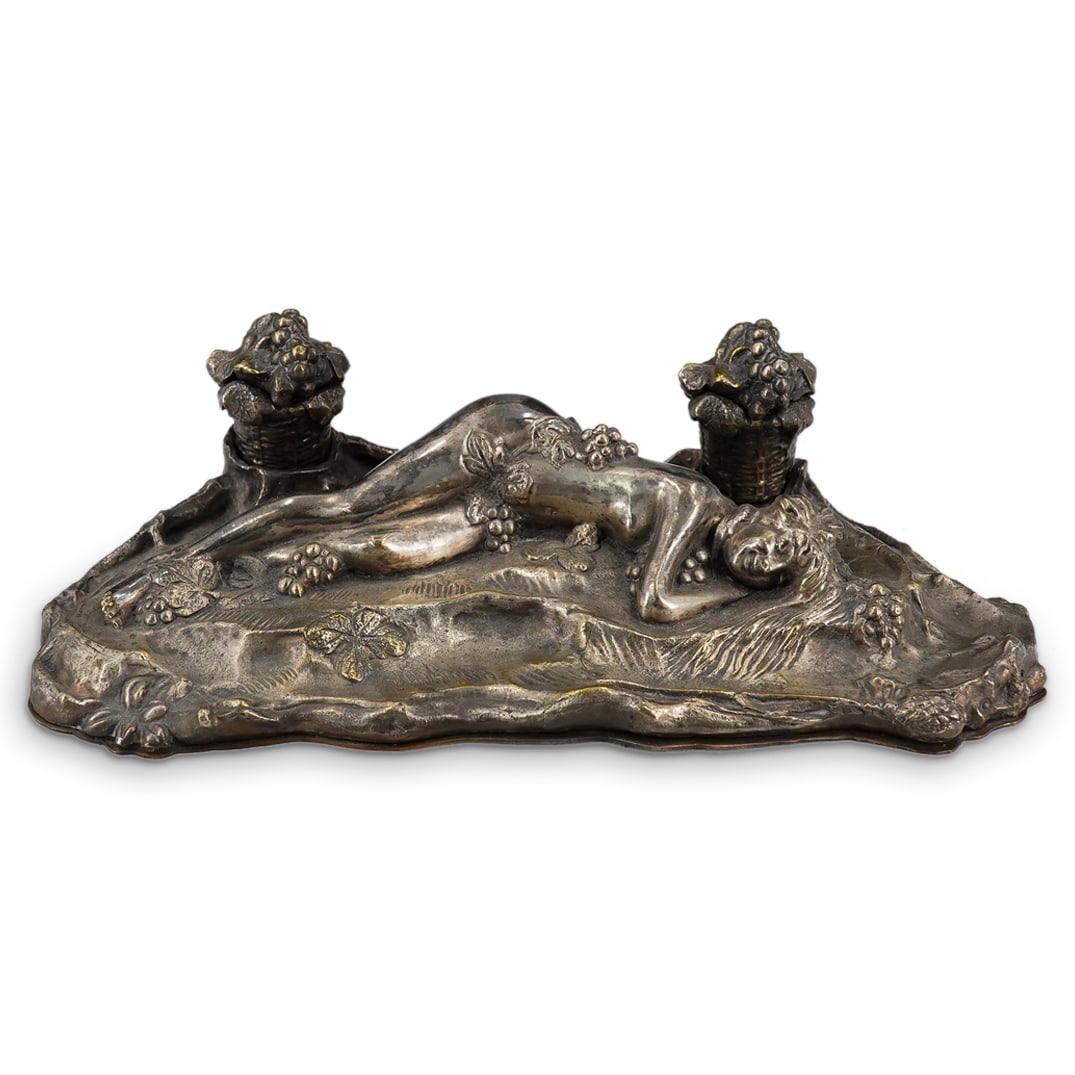 Paul Philippe (French, 1870-1930) Art Nouveau Silvered Bronze Inkwell: DESCRIPTION: Paul Philippe (French, 1870-1930) Art nouveau silvered bronze inkwell, features a nude nymph laying on the ground with grapes and leaves covering her waist, and scattered around her. Two
