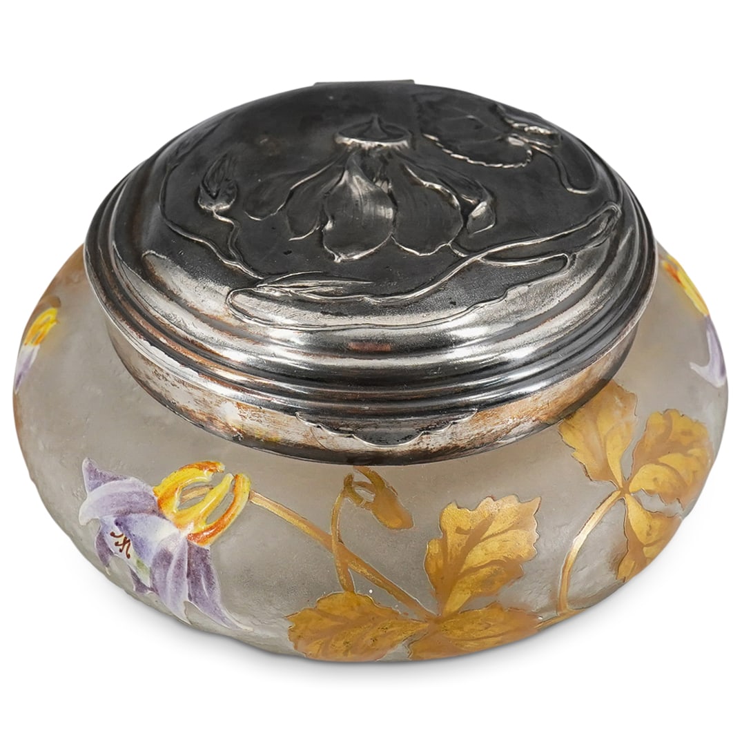 Antique Orivit Art Nouveau Enameled Glass & Metal Powder Box (1 of 7)