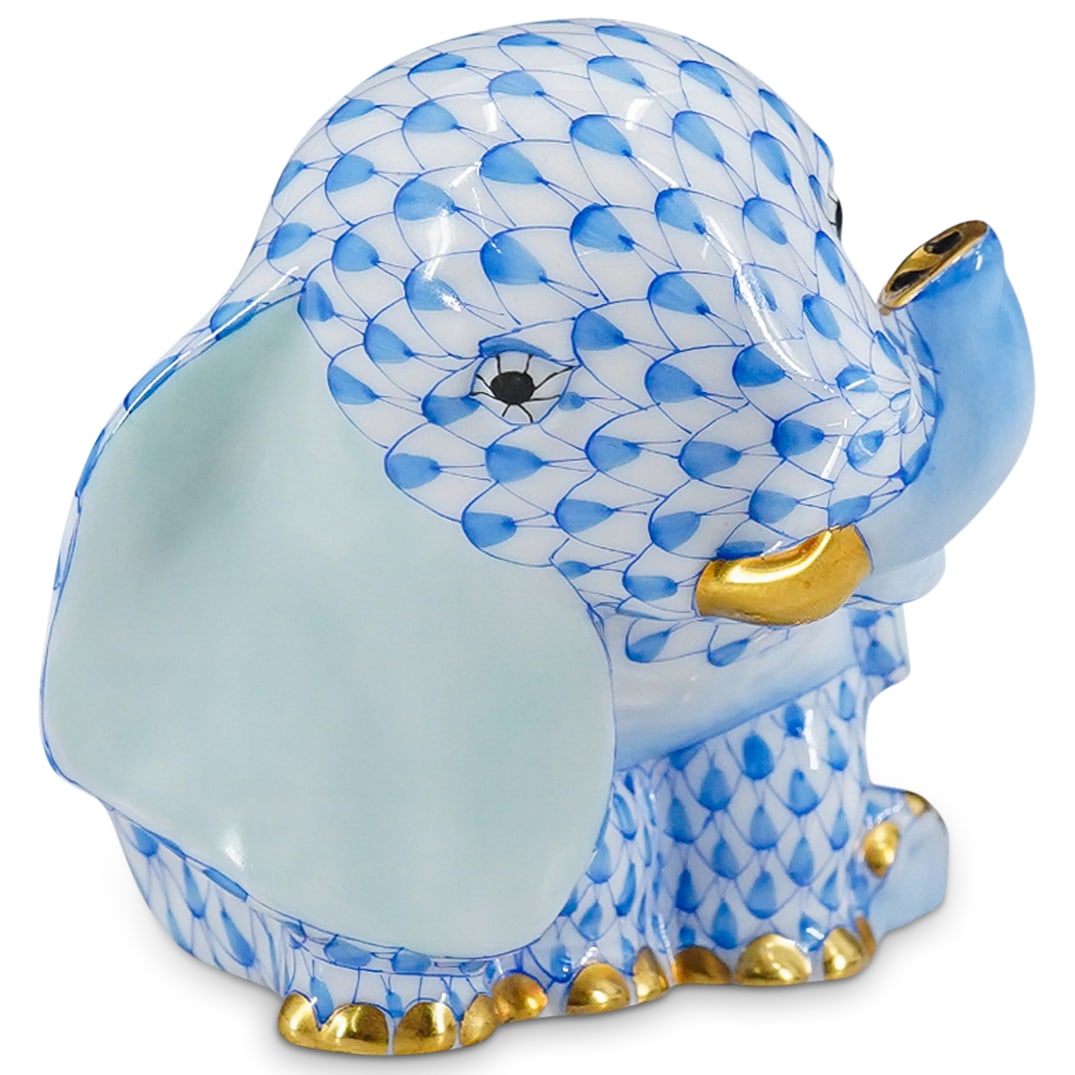 Herend Porcelain "Eavesdropping Elephant" Blue Fishnet Figurine (1 of 4)