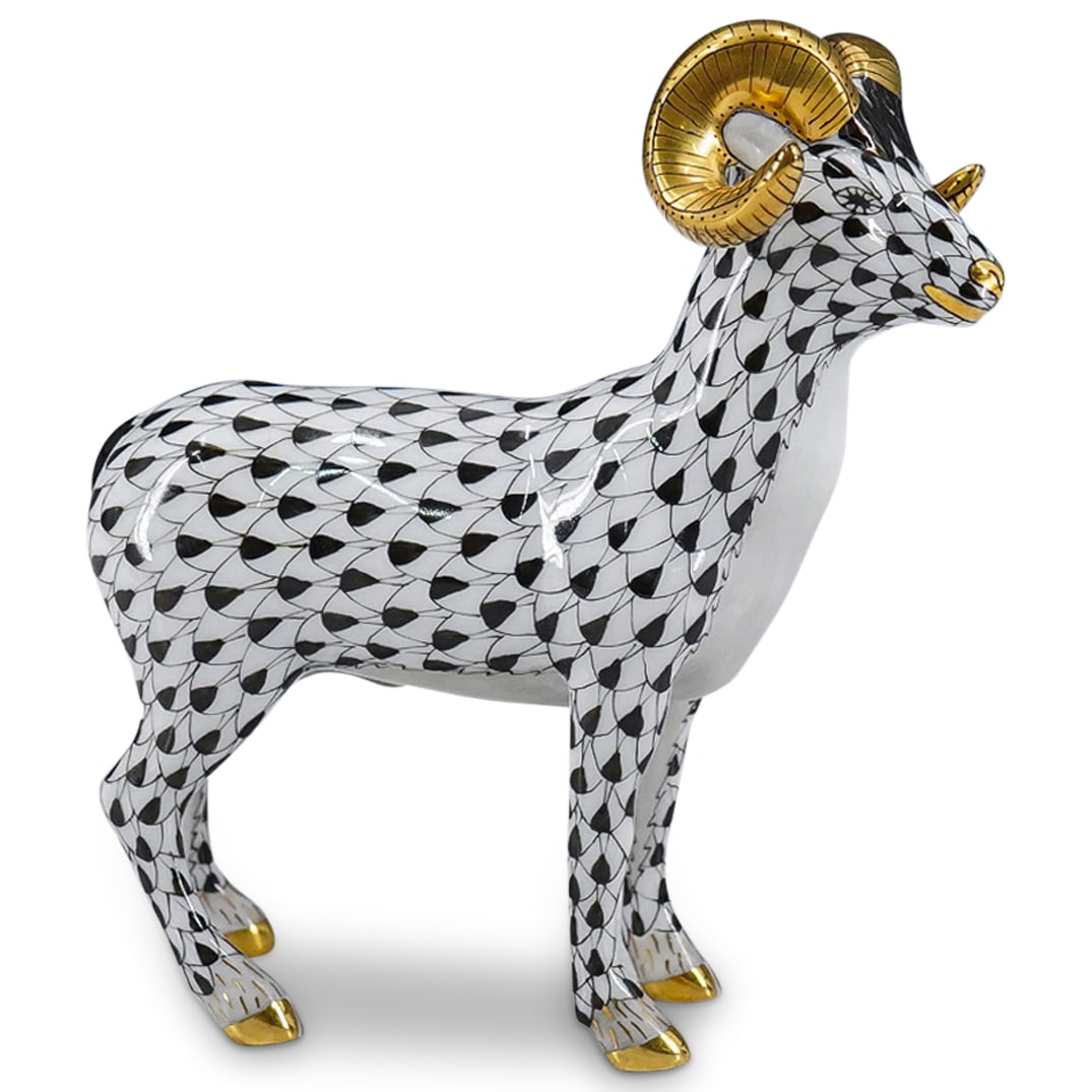 Herend Porcelain "Ram Standing" Black Fishnet Figurine (1 of 6)