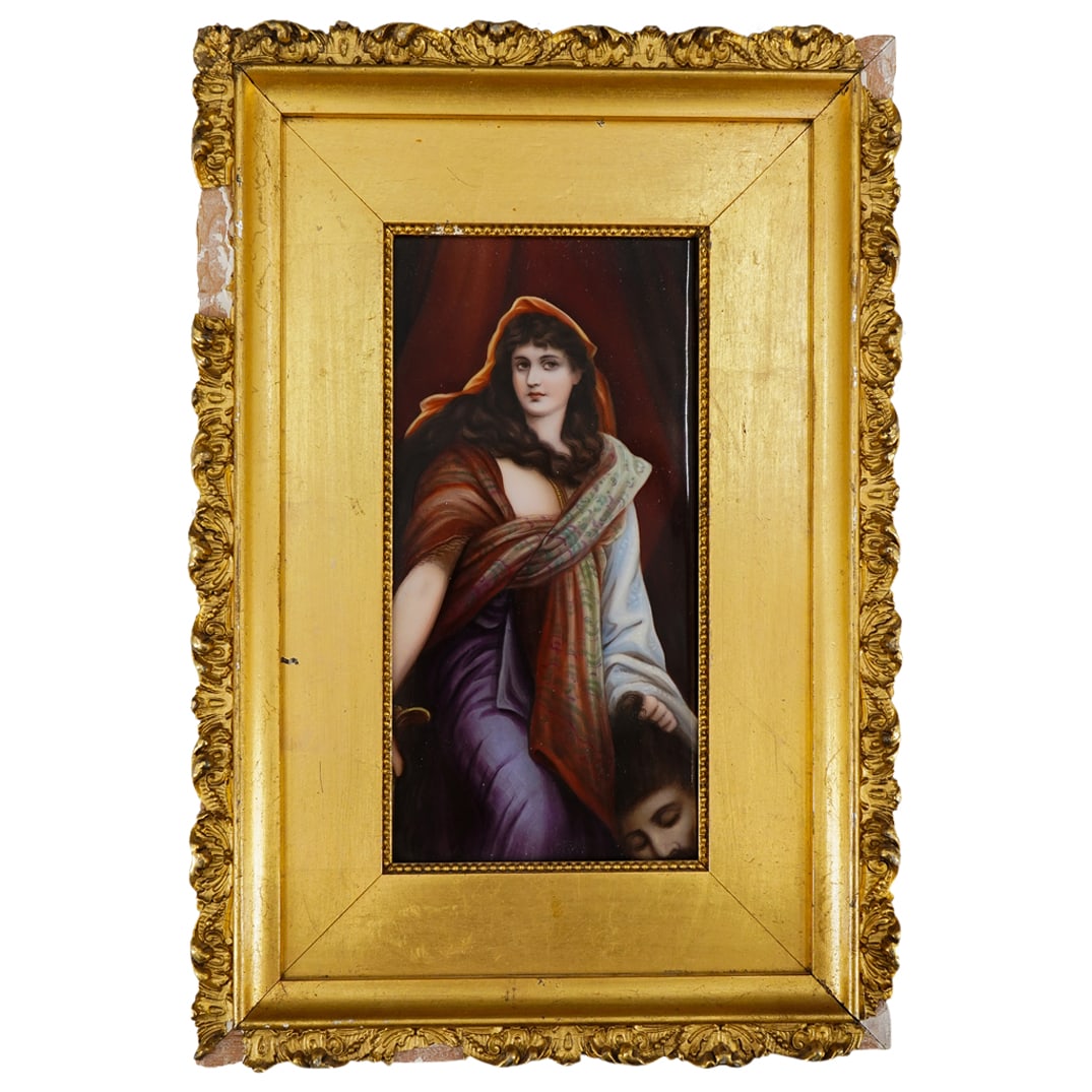 Antique German Painted Porcelain "Salome" Plaque: DESCRIPTION: German painted porcelain plaque, depicting a biblical scene, with ‘Salome’ holding John the Baptist head. Framed. CIRCA: Early 20th Century ORIGIN: Germany DIMENSIONS: H: 7 3/4”
