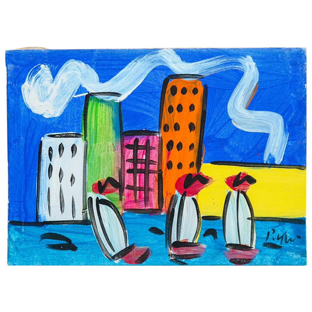 Peter Keil (Germany, 1942) Beach Horizon Painting On Canvas: DESCRIPTION: Peter Keil (Germany, 1942) original painting on canvas depicting three sailboats sailing in the ocean with the horizon of the beach and city behind them, on a blue hued ground. German pai