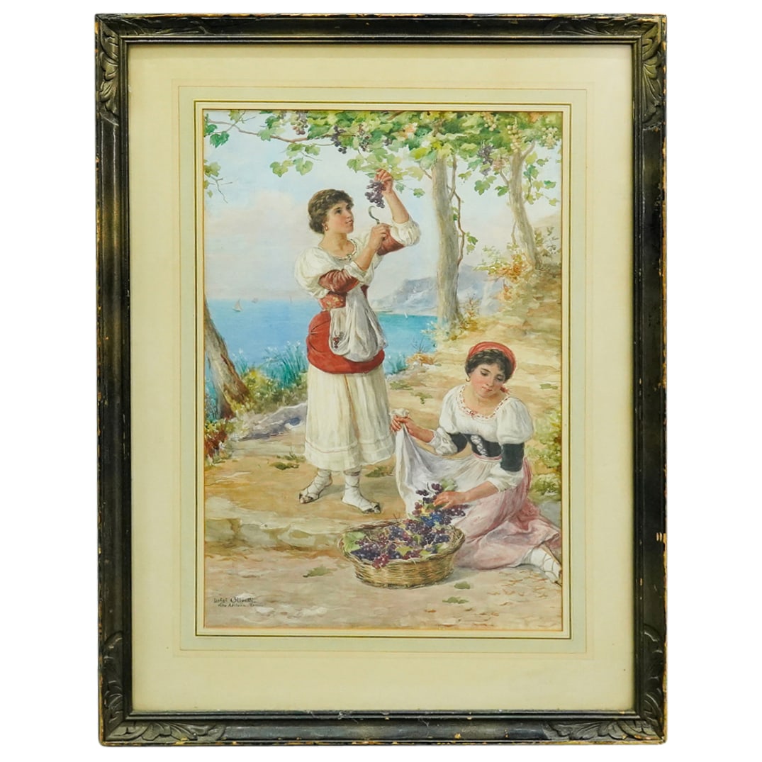 Luigi Olivetti (Italian, 1856-1941) "Grape Harvest" Watercolor On Paper Painting: DESCRIPTION: Watercolor on paper painting by Luigi Olivetti (Italian, 1856-1941) depicting two girls harvesting grapes. Signed and inscribed at lower left. CIRCA: Late 19th - early 20th century ORIGIN