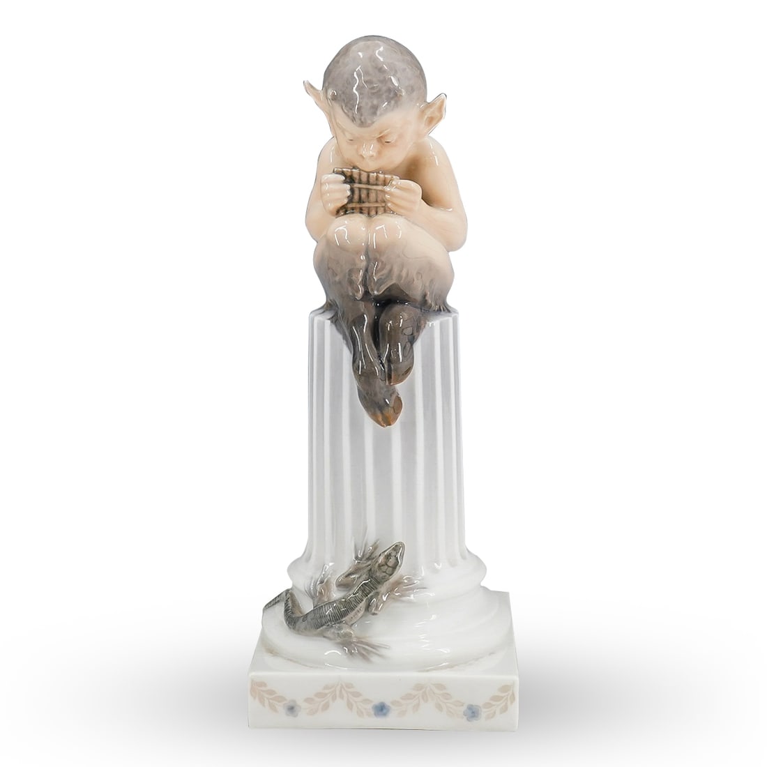 Royal Copenhagen 'Faun On Column W/Lizard' Porcelain Figurine: DESCRIPTION: Royal Copenhagen porcelain figurine depicting a 'Faun On Column with Lizard' playing a musical instrument. Marked with Royal Copenhagen stamp, numbered: "433" CIRCA: 20th Century ORIGIN:
