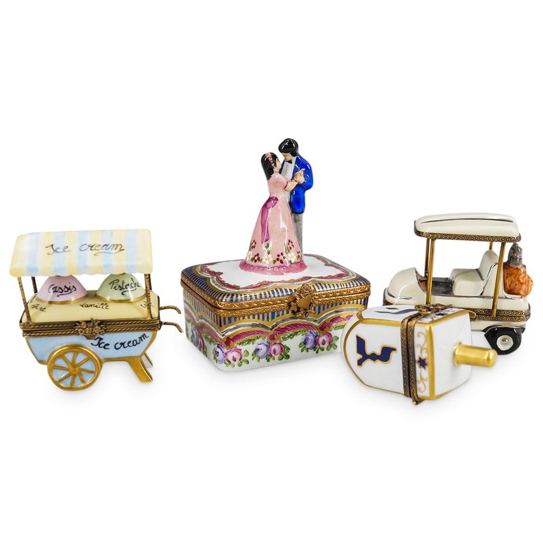 (4 Pc) Limoges Peint Main Porcelain Pill Boxes: DESCRIPTION: Set of 4 Limoges porcelain trinket boxes, featuring vintage style ice cream cart in light blue and pale yellow and gilt detail, with gilt trim, and floral clasp. Marked underside "Limoges