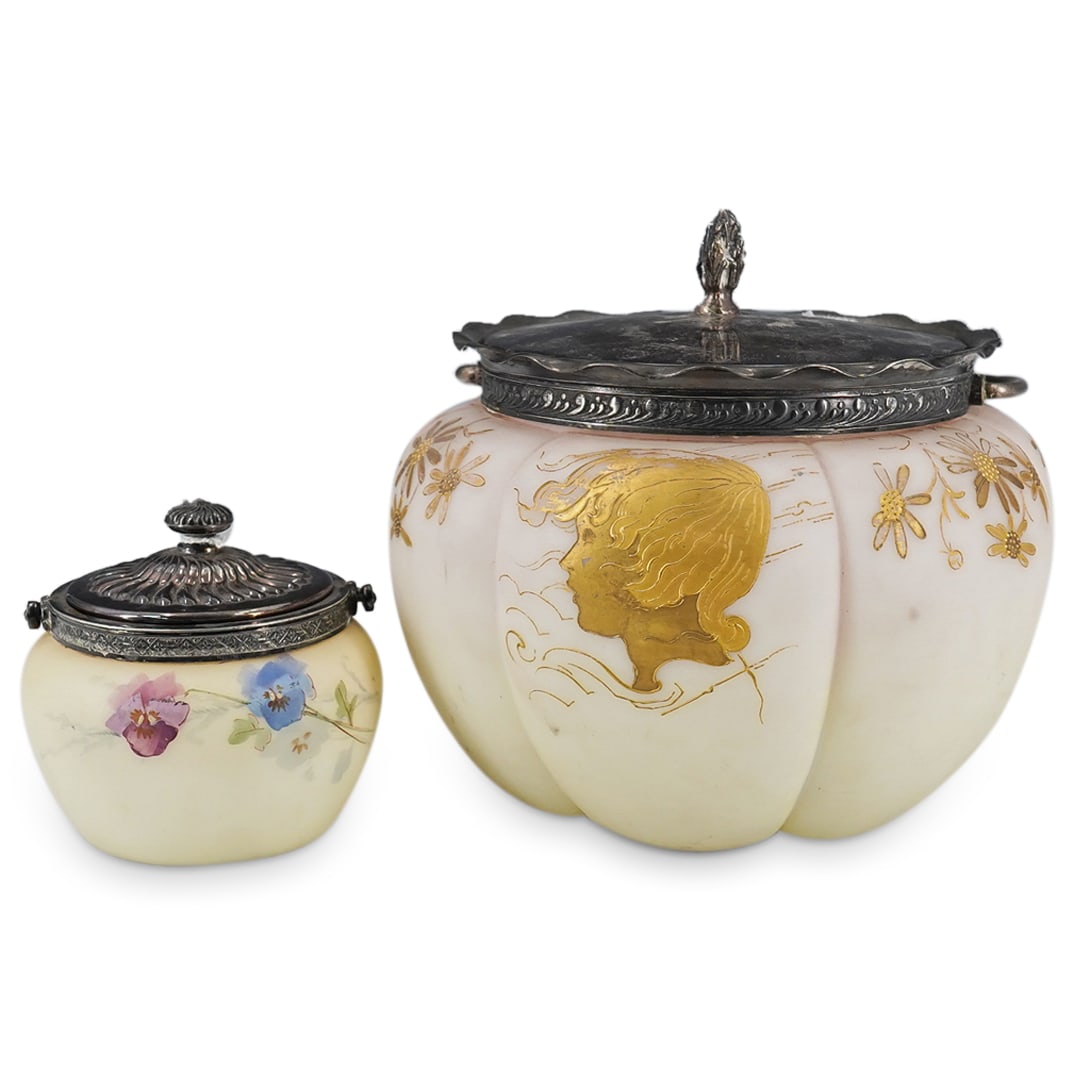 (2 Pc) Antique Smith Brothers Hand Painted Glass Baskets (1 of 12)