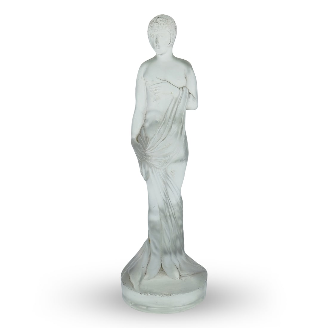 Schweig Muller & Co. Art Deco Frosted Glass Figurine: DESCRIPTION: Schweig Muller & Co. art deco frosted glass figurine depicting a short haired semi nude woman, fabric wrapped loosely around her waist, on a circular base. CIRCA: 20th Century ORIGIN: Ger