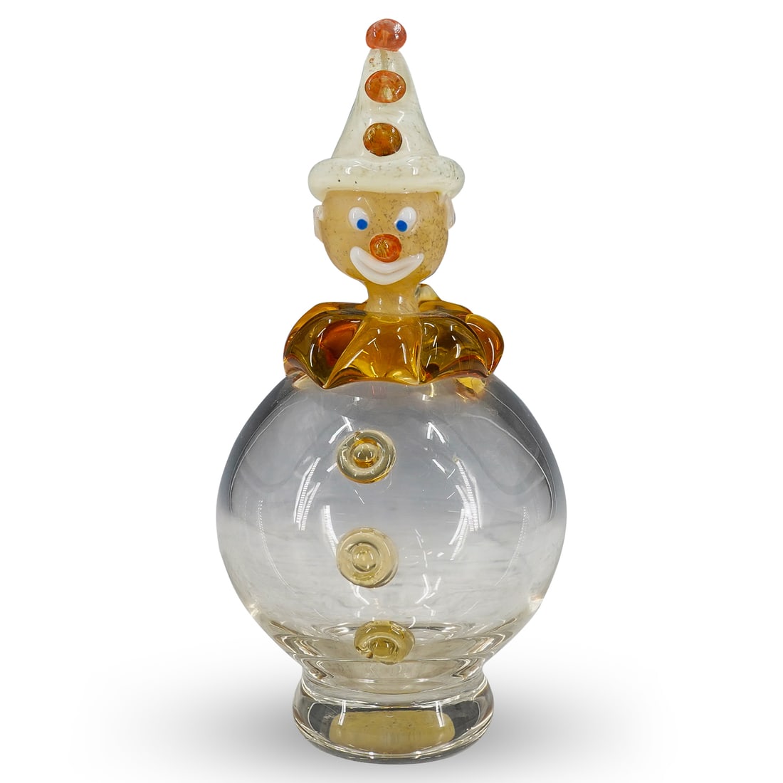 Vintage Blown Glass Clown Decanter: DESCRIPTION: Vintage blown glass decanter in the shape and form of a clown, featuring a yellow glass collar, red nose, and pointed hat. CIRCA: 20th Century ORIGIN: Italy DIMENSIONS: H: 9" W: 4.25" L: