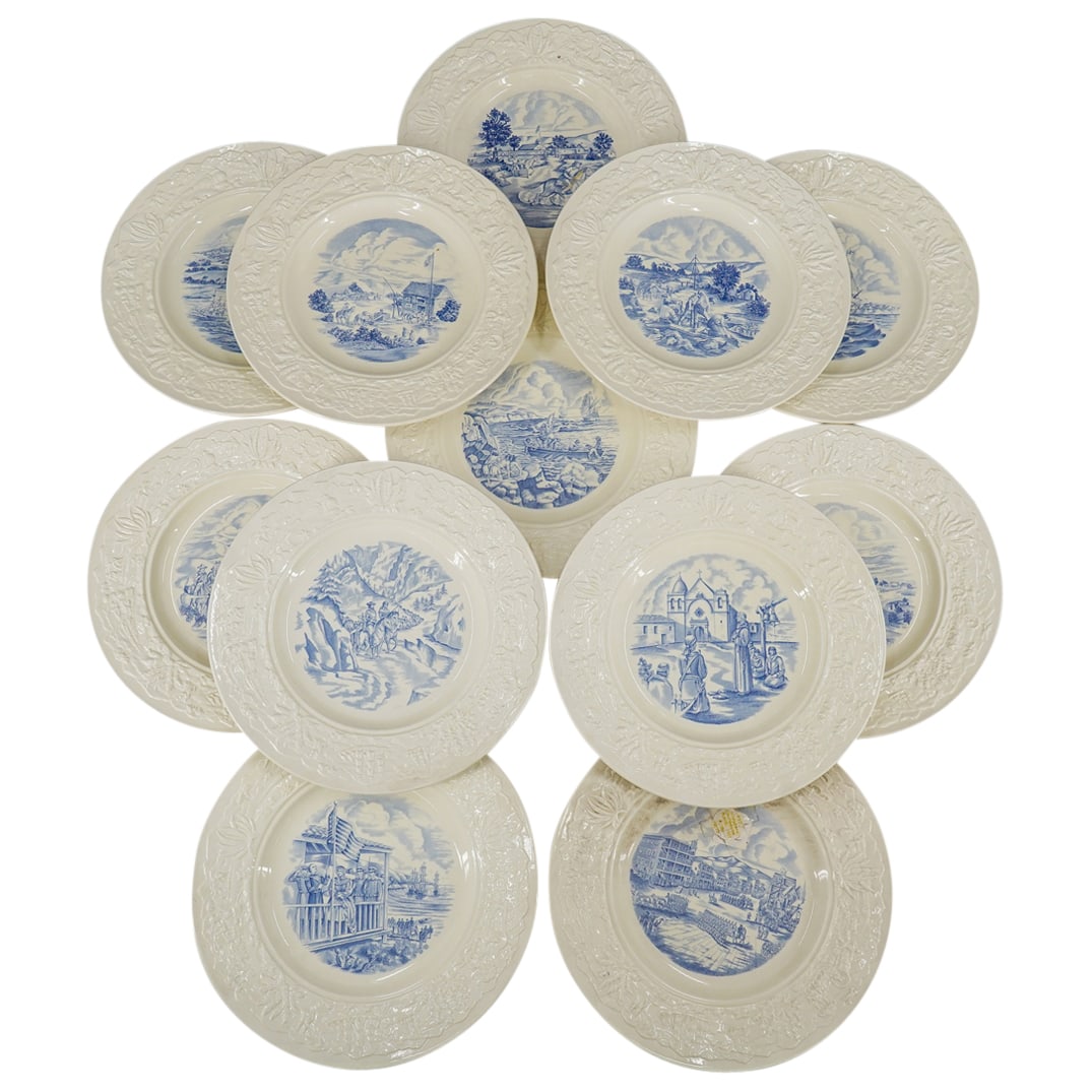 (12 Pc) Wedgwood Etruria California Porcelain Plates: DESCRIPTION: Set of 12 Wedgwood Etruria First Edition porcelain plates, each featuring a central scene relating to California, each border featuring conforming relief decoration. Marked on underside. 