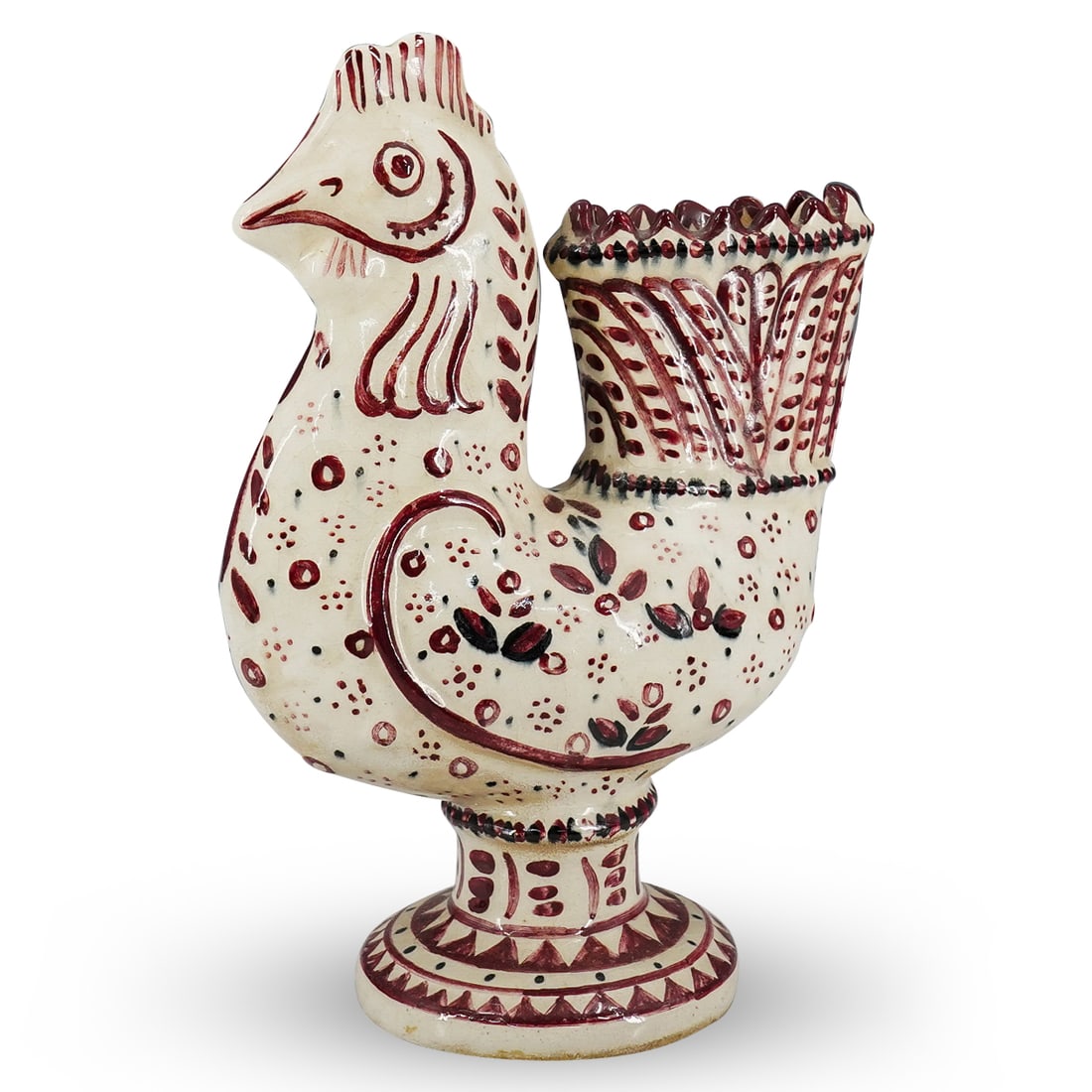 Carl Walters For Stonelain Pottery Rooster Vase: DESCRIPTION: Carl Walters for Stonelain Pottery ceramic vase in the form of a rooster. Marked on underside. CIRCA: Mid 20th century ORIGIN: American DIMENSIONS: H: 10.75" W: 4.5" L: 8" CONDITION: Grea