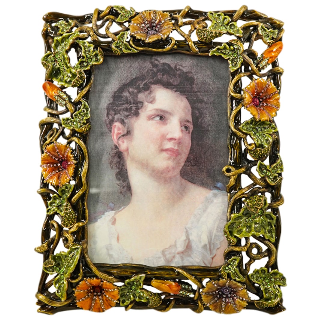 Jay Strongwater Floral Vine Picture Frame: DESCRIPTION: A Jay Strongwater picture frame decorated with floral vine open work motifs along the border, further inset with a series of various swarovski crystal insets. CIRCA: 21st Cent. ORIGIN: US