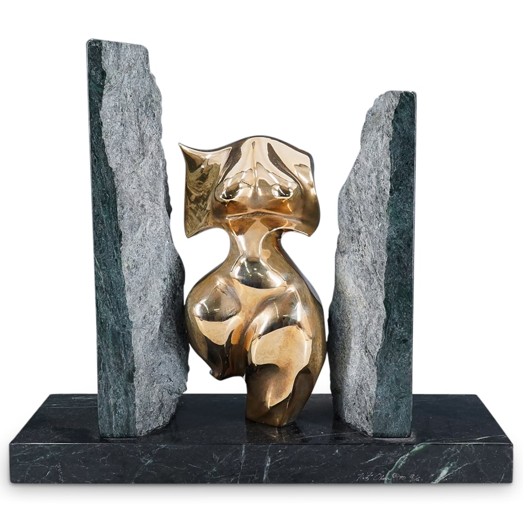 Fritz Olsen (American, b.1956) Gilt Bronze Female Torso On Marble: DESCRIPTION: Mixed media sculpture by Fritz Olsen depicting a gilt bronze, stylized, nude female torso mounted on a green marble base between two matching marble slabs. Signed, dated "'90", and number
