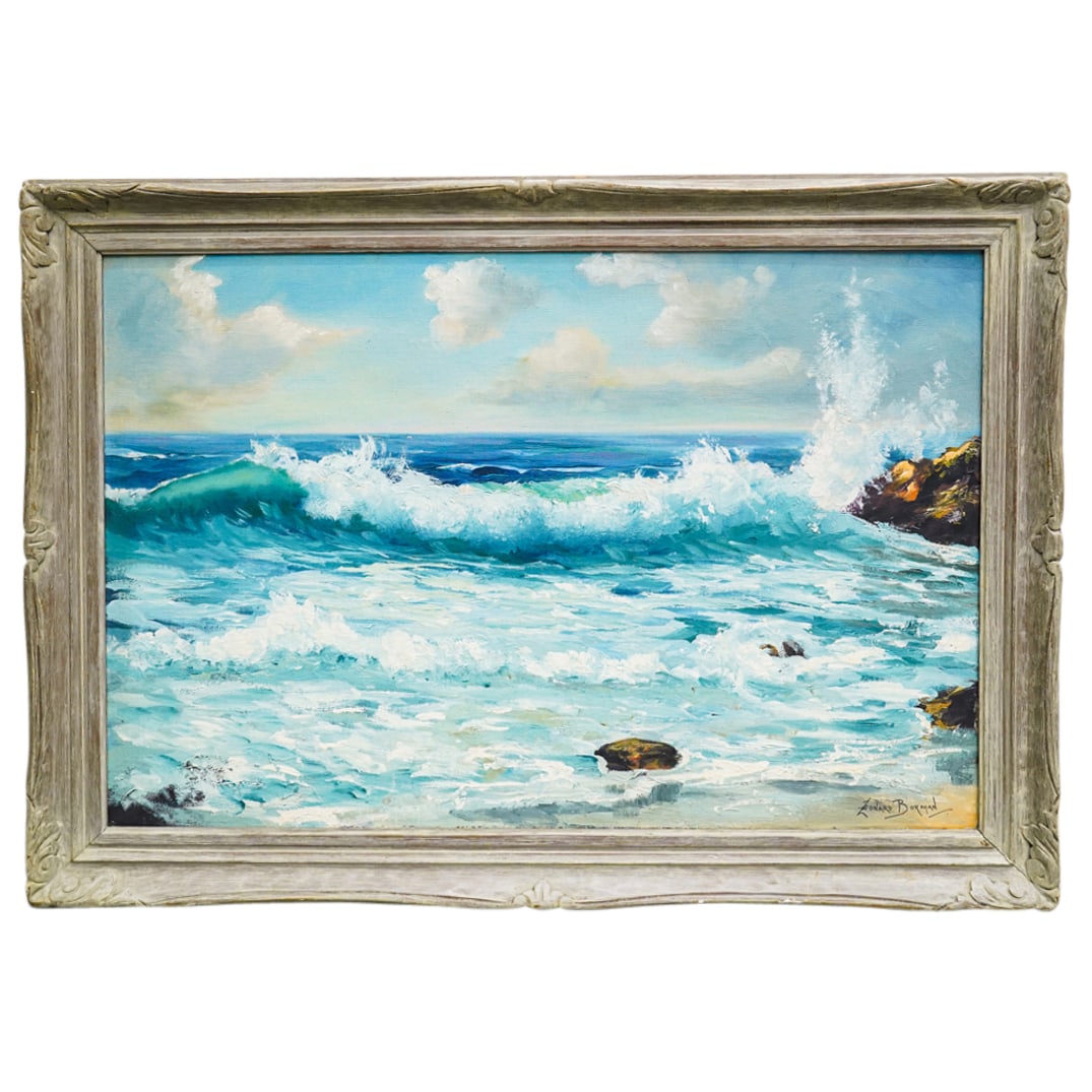Leonard Borman (1894-1995) Oil On Canvas Seascape Painting: DESCRIPTION: Oil on canvas painting by Leonard Borman (1894-1995) depicting a seascape with rocks and waves. Signed at lower right. CIRCA: 20th century ORIGIN: Probably American DIMENSIONS: (Sight) H: