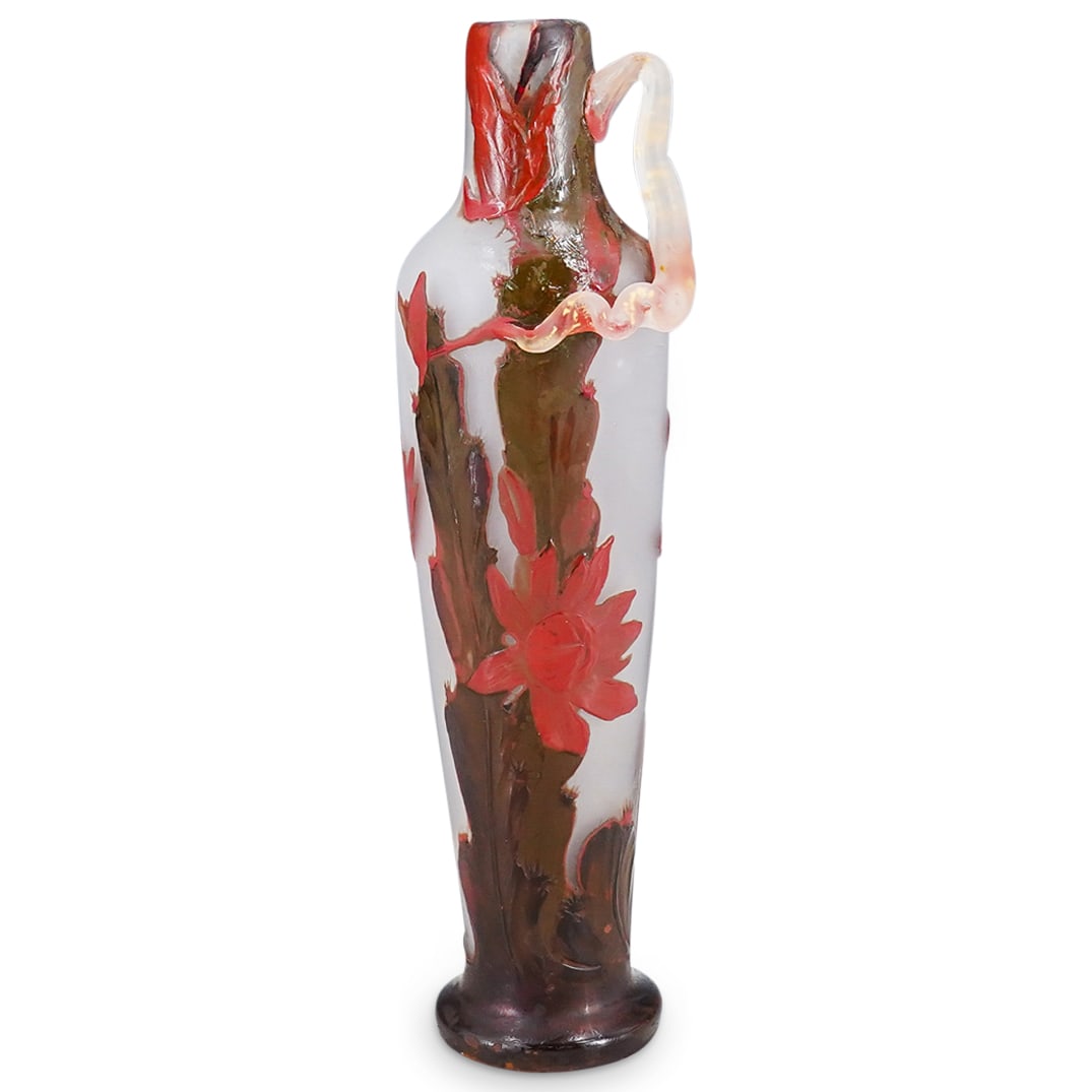 Muller Cameo Glass Vase: DESCRIPTION: Muller frosted glass vase, featuring red, green, and brown cameo glass in florals and leaves throughout, gold flaking throughout handle. Signed "Muller" CIRCA: Early 20th Century ORIGIN: 