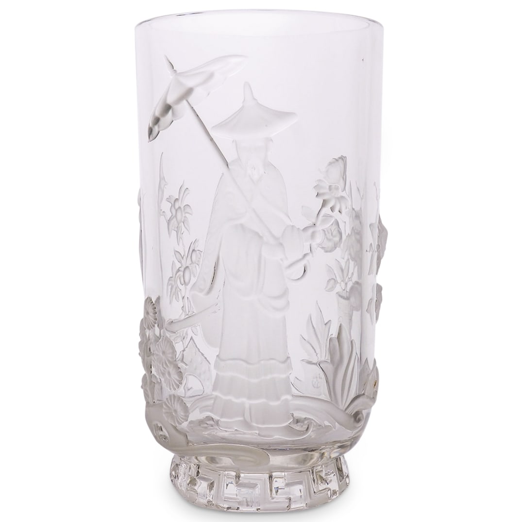 French Verlys Chinoiserie Art Glass Vase: DESCRIPTION: French Verlys art glass vase with frosted Chinoiserie motif in semi relief, depicting a Mandarin male figure, flowers and birds motifs. Marked with 'Verlys' signature on the underside. CI