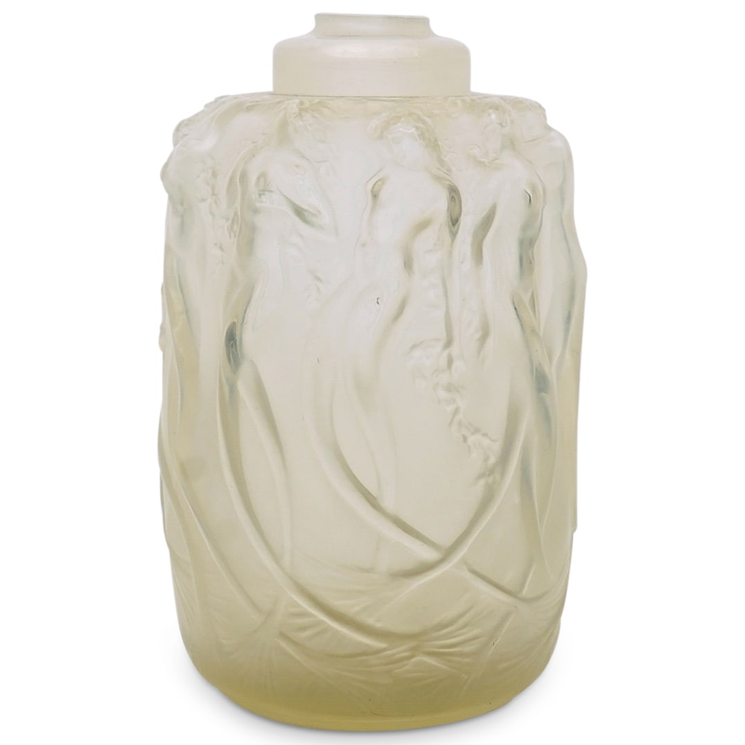 1920 Rene Lalique 'Sirenes' Opalescent Glass Perfume Bottle: DESCRIPTION: Antique 1920 R. Lalique 'Sirenes' (Mermaids) Opalescent Glass Perfume Bottle. Made in frosted glass depicting several mermaid figures in semi relief. With 'Lalique France' signature on th