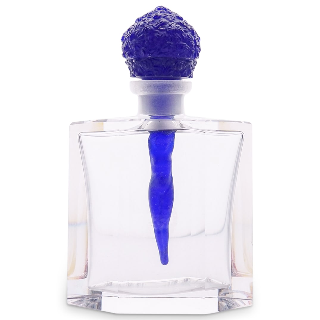 1930s Czech Crystal Perfume Bottle W/ Nude Dauber: DESCRIPTION: Vintage 1930s Czechoslovakian perfume bottle in clear crystal featuring a figural nude dauber in frosted cobalt blue glass. Includes case. CIRCA: 1930s ORIGIN: Czech Republic DIMENSIONS: