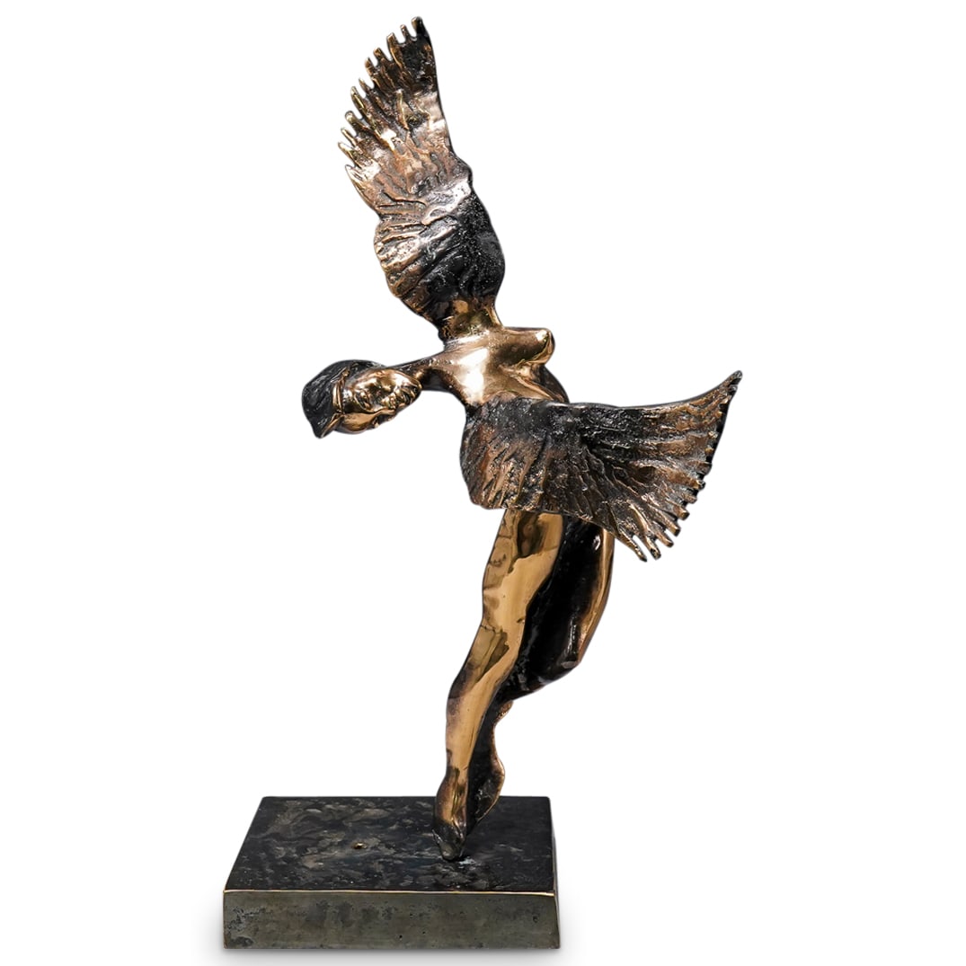 Yves Lohe (French, born 1947) Winged Female Dancer Bronze: DESCRIPTION: Bronze sculpture by Yves Lohe depicting a winged, nude female figure poised on one foot atop a textured base. Signed on corner of base. CIRCA: 20th Century ORIGIN: France DIMENSIONS: H: 2