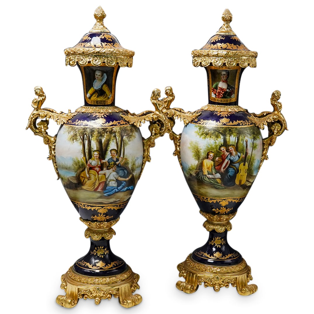 Sevres Style Cobalt Blue Porcelain Matching Urns (1 of 13)