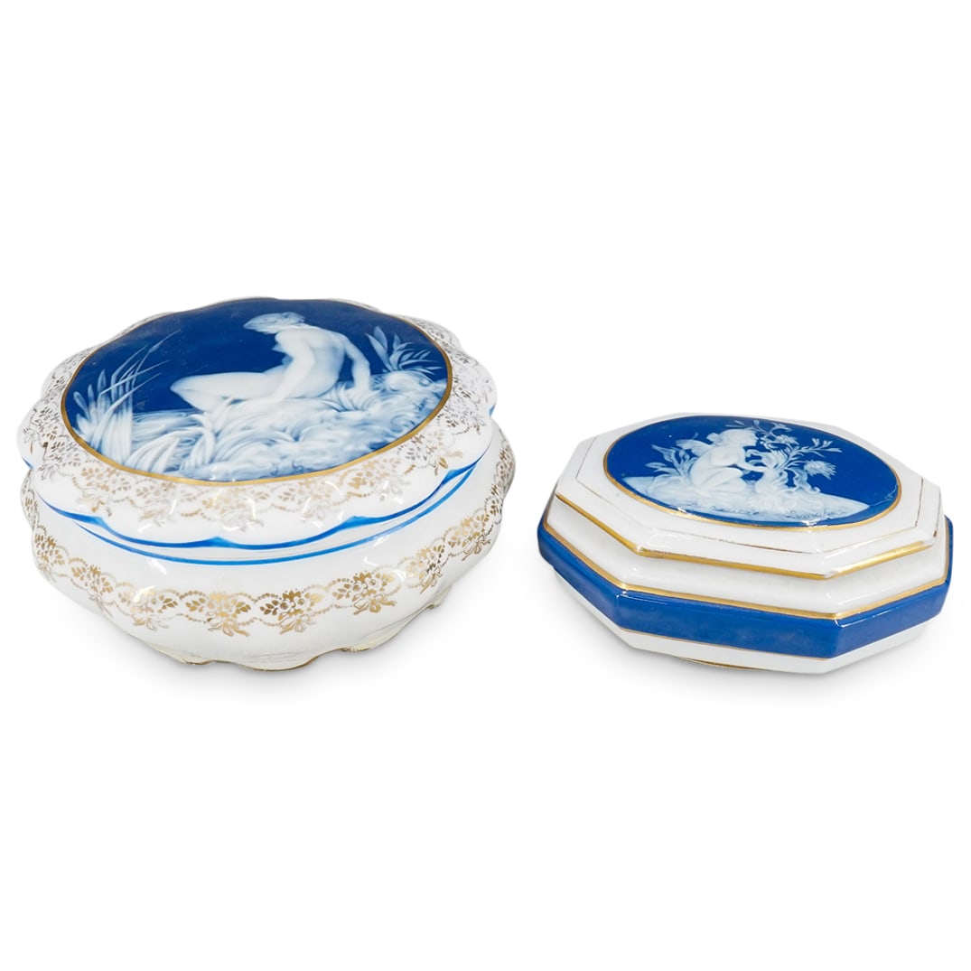 (2 Pc) Barbotine Limoges Porcelain Vanity Covered Boxes (1 of 14)