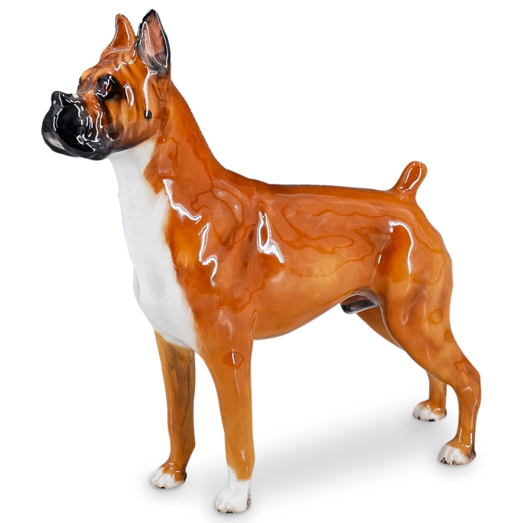 Royal Doulton Porcelain Boxer Dog: DESCRIPTION: Royal Doulton porcelain boxer dog figurine, stamped underside "Warlord of Mazelaine" "Made in England Royal Doulton Bone China" CIRCA: 20th Century ORIGIN: England DIMENSIONS: H: 6.5" W: 