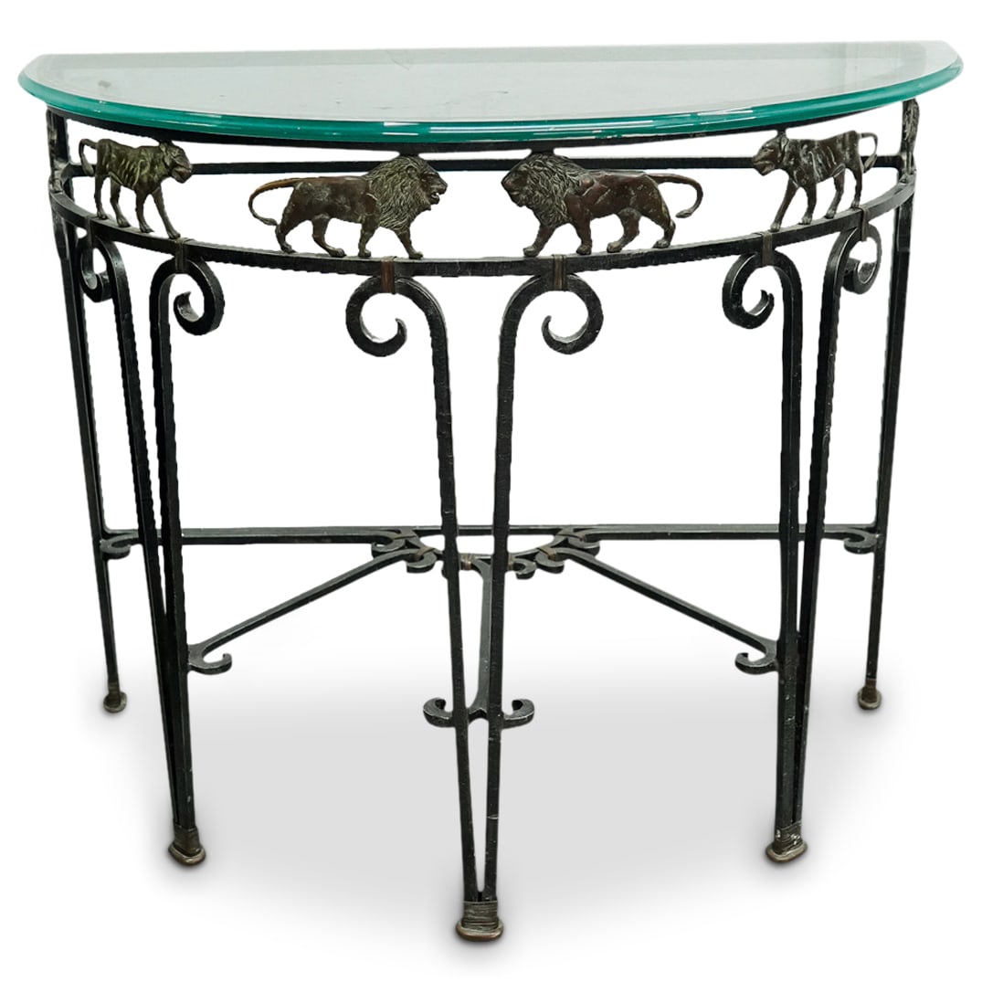 Vintage Wrought Iron & Glass Lion Demilune Table (1 of 9)