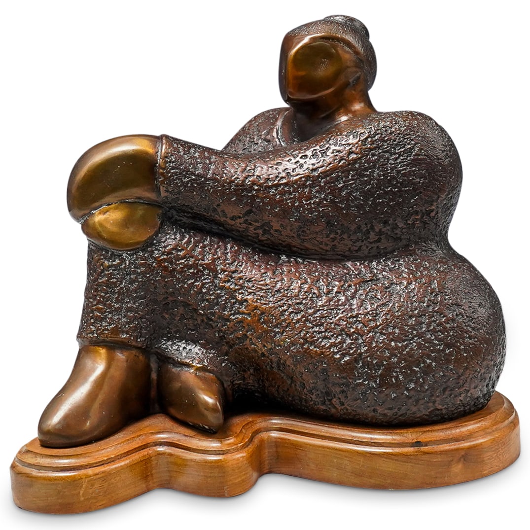 Mexican School Bronze Seated Woman On Wooden Base (1 of 6)