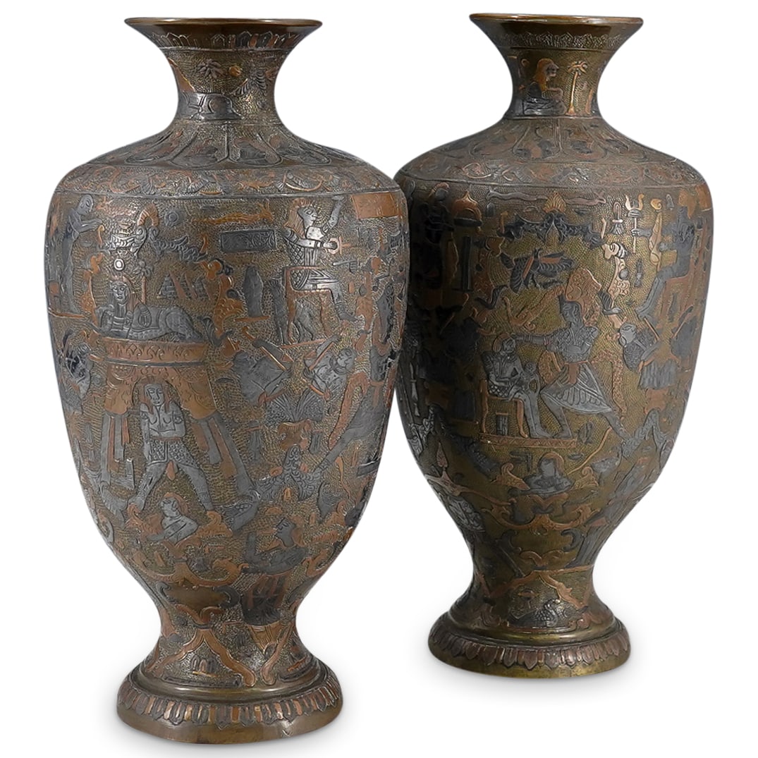 Pair Of Egyptian Themed Mixed Metal Niello Vases (1 of 9)