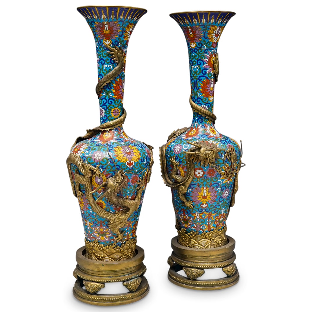 Pair Of Antique Chinese Cloisonne And Bronze Dragon Vases (1 of 8)