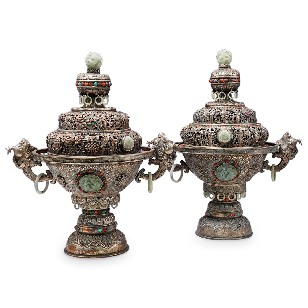 Pair Of Mongolian Silver Toned Mixed Metal Jade Inset Urns (1 of 12)