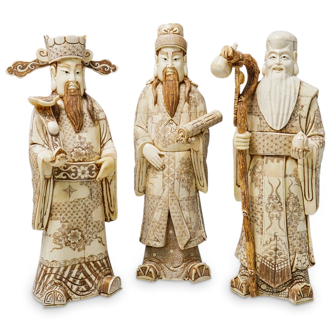 (3 Pc) Chinese Tessellated Carved Bone Sanxing: DESCRIPTION: Three matching vintage tessellated carved bone sculptures depicting the Sanxing, three gods of blessing: Lu (prosperity) bearing his ruyi, Fu (good fortune) bearing a scroll, and Shou (lo